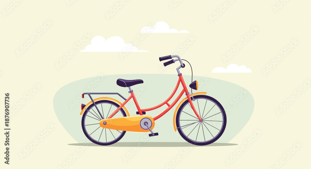 Fototapeta premium Classic red and orange city bicycle with a luggage rack and bell parked in a simple landscape under soft clouds on white.