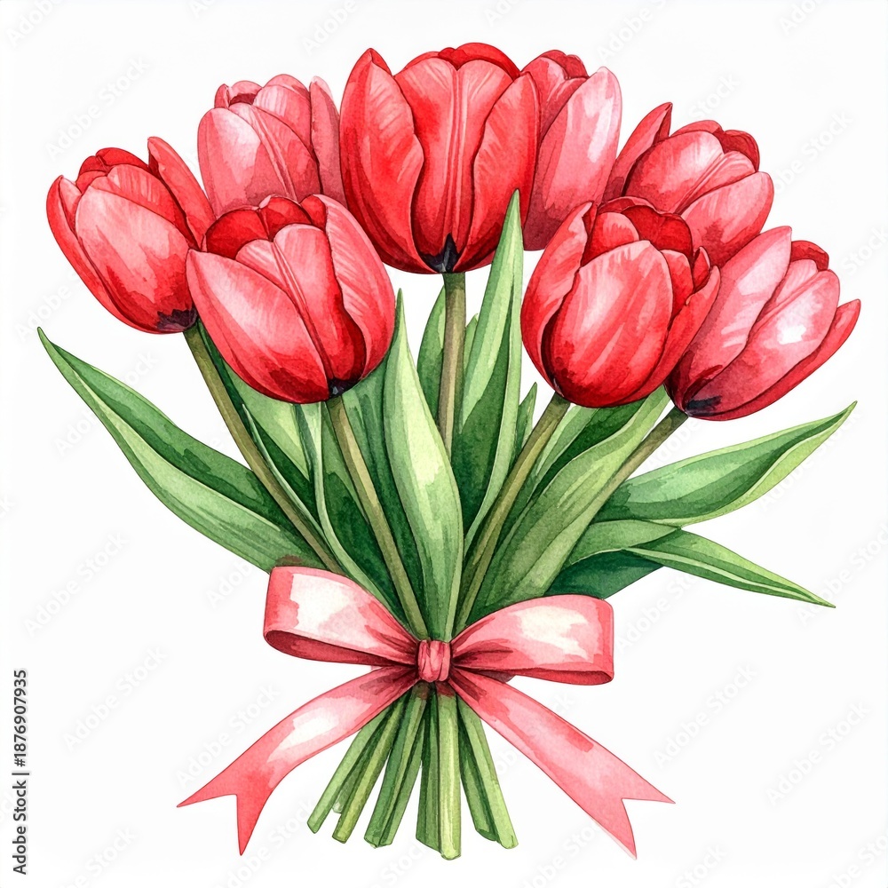 Fototapeta premium Red Tulips Bouquet with Green Leaves and Pink Bow on White Background