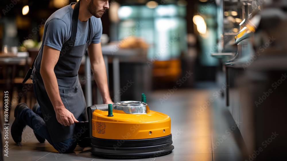 Fototapeta premium Cleaning floor with machine equipment automated floor care professional maintenance commercial janitorial sanitation technology defocused background with copy space