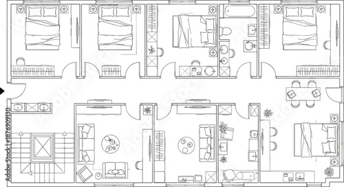Apartment floor plan blueprint line drawing with rooms, bedrooms, bathroom, kitchen and living area layout, architectural interior design plan, top view isolated.