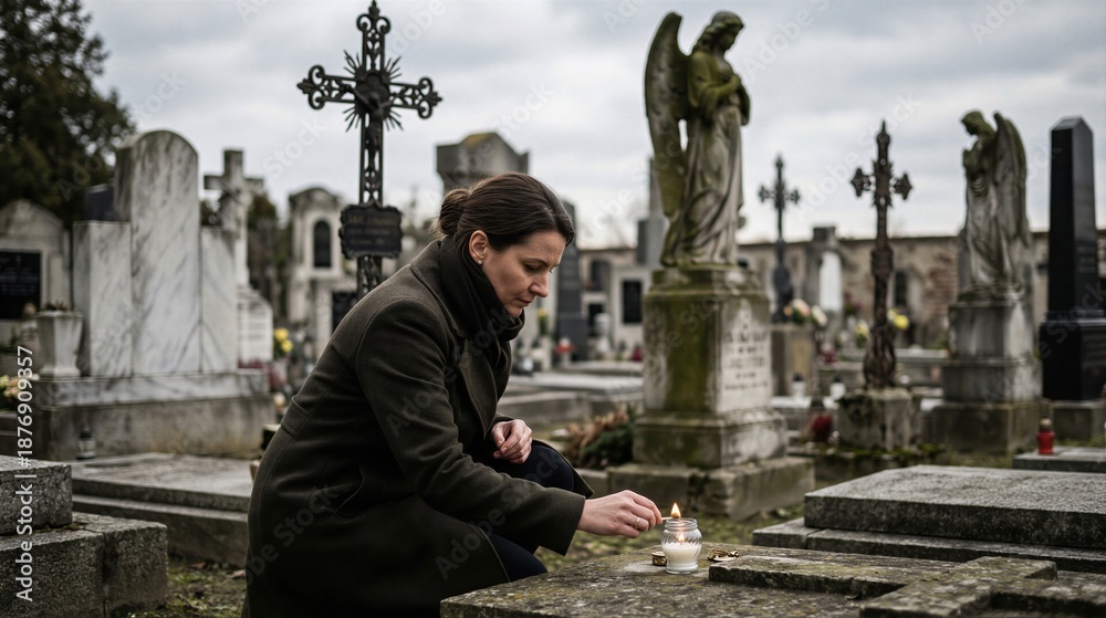 Obraz premium Woman lighting candle in old graveyard. Memorial ritual to commemorate deceased loved one. Grief, loss and remembrance concept for funeral service.