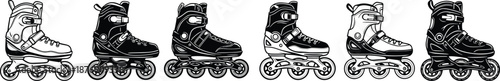 Inline roller skates set in black and white outline, different designs of fitness skating shoes, sport equipment collection isolated on white background.
