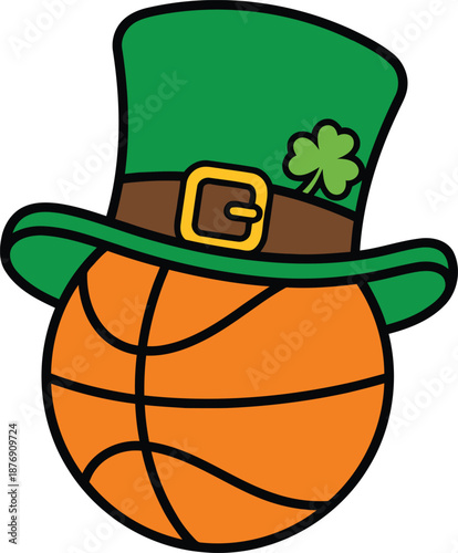 Basketball with Leprechaun Hat Vector Illustration for St Patrick’s Day Sports Theme.
