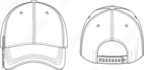 Baseball cap technical fashion flat sketch with front and back view, detailed hat outline template with stitching, isolated on white background.