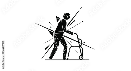 Dynamic abstract illustration of an elderly individual with a walker, surrounded by an energetic whisk of fragmented lines, symbolizing the journey and challenges of aging with vitality