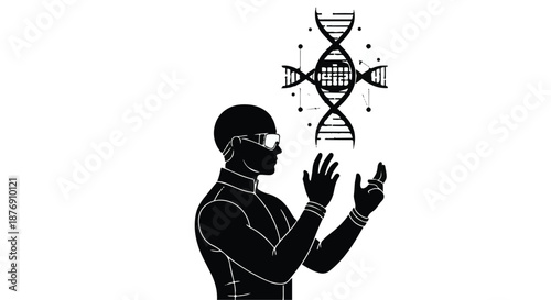 Futuristic researcher exploring advanced genetic information in augmented reality, visualizing DNA structures and biological data with innovative technological interaction