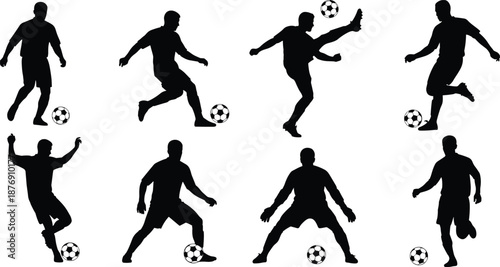Set of soccer player silhouettes in different actions with football ball, isolated on white background, sports vector collection for training, game, match, and athlete concepts.