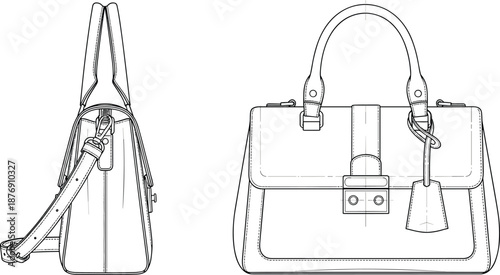 Women handbag technical fashion flat sketch with front and side views, structured leather purse outline template with top handle and shoulder strap for accessory design.