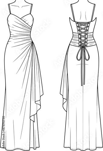 Elegant evening gown technical fashion flat sketch with front and back views, strapless draped maxi dress with corset lace up detail outline template.