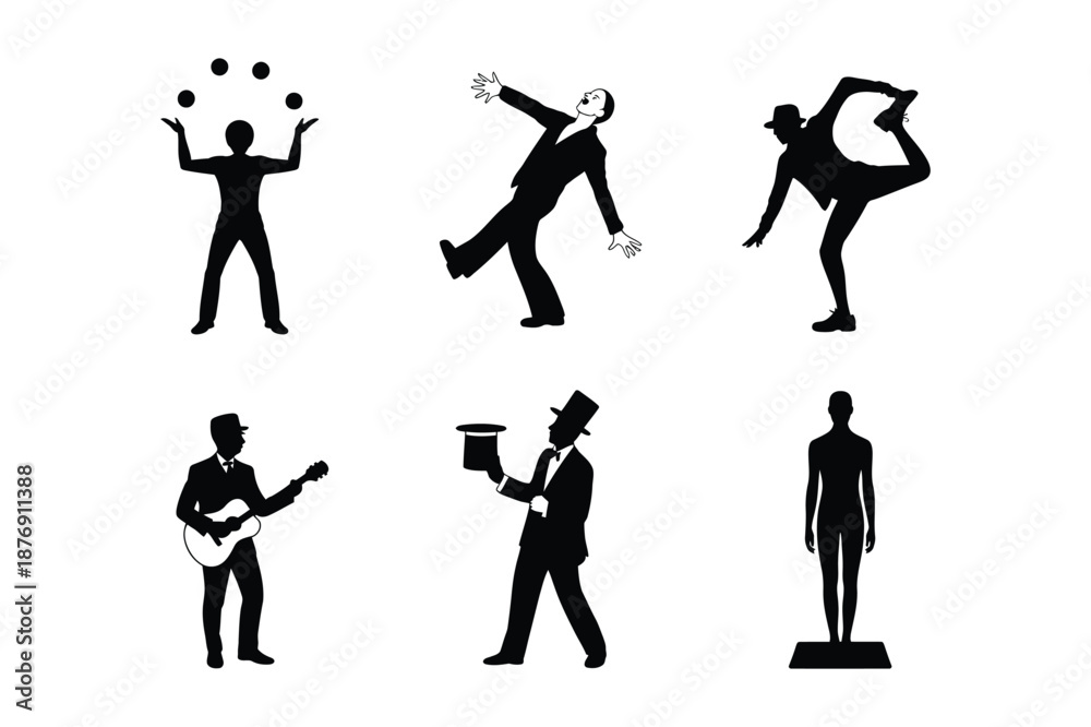 Obraz premium Entertainment and artist silhouettes including juggler and singer
