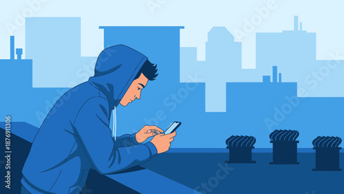 Young Man In Hoodie Using Mobile Phone On A Rooftop With Cityscape