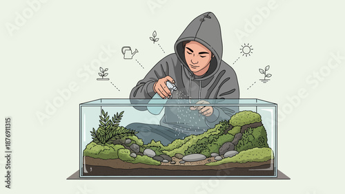 Young Man Maintaining And Spraying Water On His Indoor Terrarium Garden