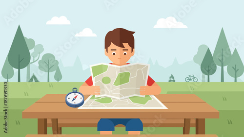 Young Man Planning a Journey in Nature With a Map and Compass at the Picnic Table