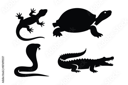 Reptile and amphibian silhouettes featuring cobra turtle crocodile