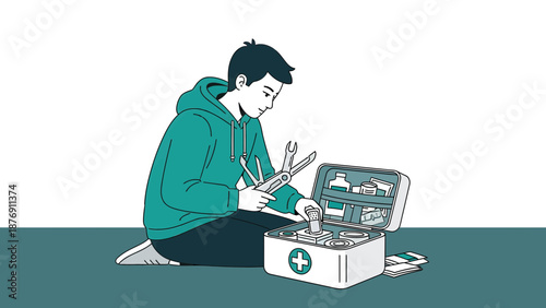 Young Man Prepares First Aid Kit With Multitool For Emergency Situations