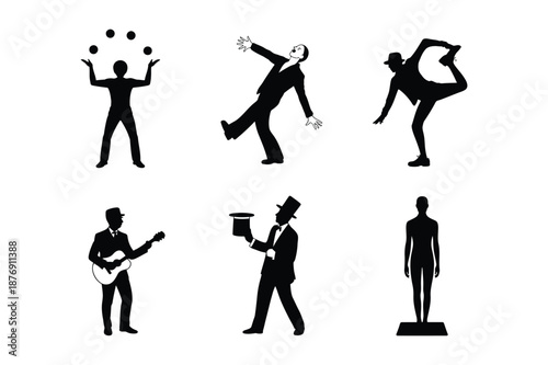 Entertainment and artist silhouettes including juggler and singer
