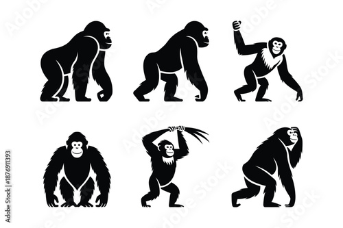 Gorilla and ape silhouettes collection in various poses