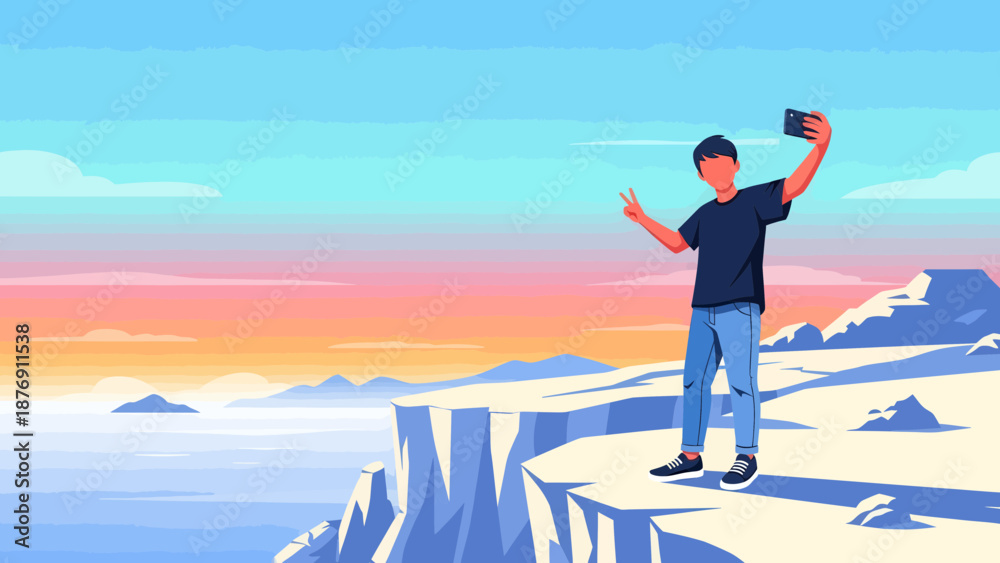 Obraz premium Young Man Taking Selfie On A Cliff Against A Beautiful Sunset Landscape
