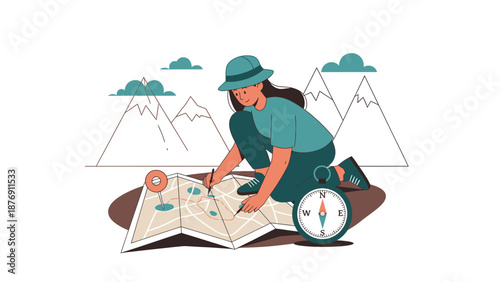 Young Woman Plans Mountain Trip Using A Map And Compass Adventure