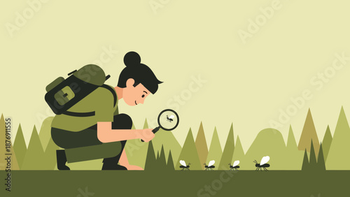 Young Naturalist Exploring Tiny World With Magnifying Glass In Green Nature