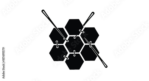 Stylized graphic illustration depicting an intricate hexagonal grid, meticulously joined by abstract needles and thread, symbolizing connectivity, precision, and modern design principles