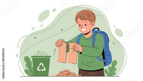 Young Student Consciously Recycling Paper For Greener Planet Initiative In School