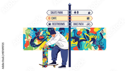 Young Skater In The Skatepark With Graffiti Wall And Directional Sign Post