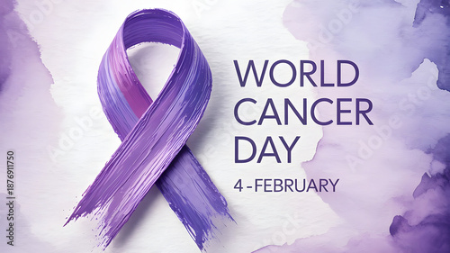 World Cancer Day violet ribbon awareness poster. Soft medical illustration, global healthcare support concept.