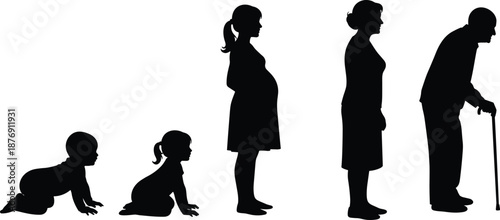 Human life stages silhouette set showing baby crawling, child growth, pregnant woman, adult female and elderly man with cane, aging timeline illustration.
