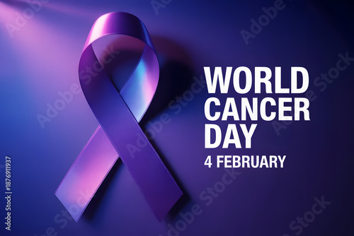 World Cancer Day purple ribbon awareness design. Clean medical support illustration, healthcare concept.