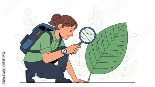 Young Botanist Exploring Nature With Magnifying Glass Near Plant Leaf