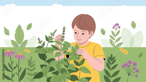 Young Botanist Exploring Floral Diversity In Garden On Sunny Day Discovering Nature