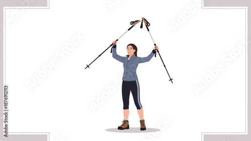Woman With Hiking Poles Demonstrating Outdoor Activity Concept In Natural Environment