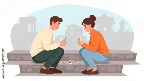 Young Couple Enjoying Card Game Outdoors Urban Setting Togetherness Leisure Moment