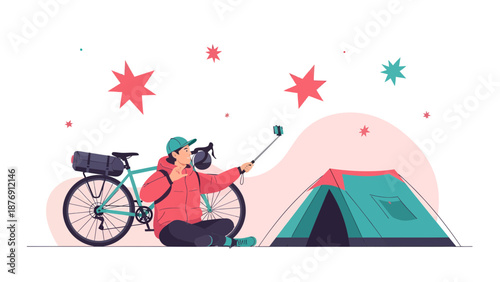 Young Cyclist Taking Selfie Near Tent After Bicycle Trip On Vacation