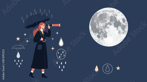 Woman With Telescope During Rainy Night Observing The Celestial Moon