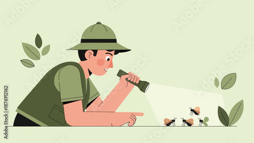 Young Entomologist Exploring Insects With Flashlight In A Naturalistic Setting