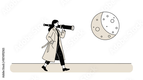 Woman With Telescope Gazing At The Moon In Search Of Answers