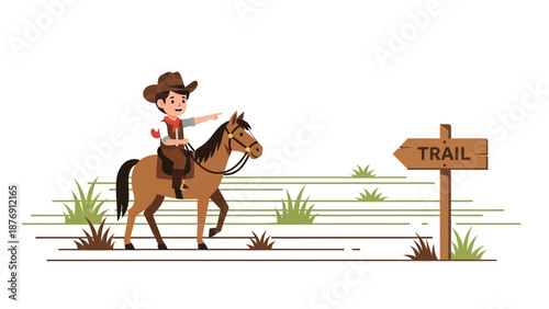 Young Cowboy Riding His Horse Near The Trail Sign In Nature Landscape