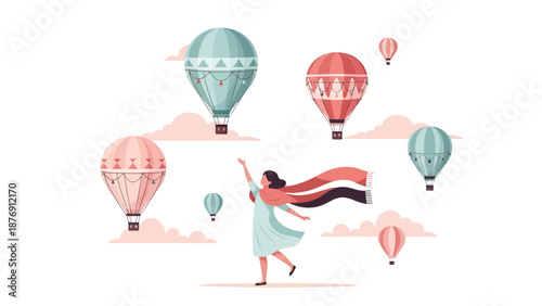 Woman With Scarf Looking Up At Hot Air Balloons Floating Peacefully In Sky