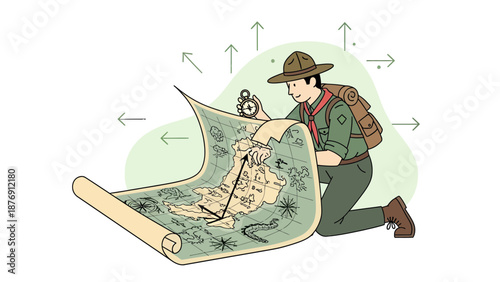 Young Explorer Charts His Journey With Map And Compass Towards New Adventures