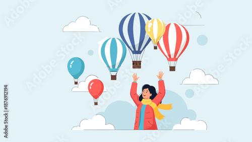 Woman's Joyful Embrace Of Floating Hot Air Balloons In A Whimsical Journey
