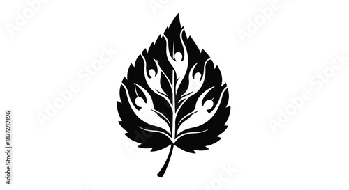 Stylized black and white silhouette graphic depicting several abstract human figures emerging gracefully from the intricate veins of a single, defined leaf shape symbolizing nature and community growt