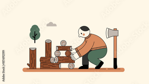 Woodcutter Preparing Stacked Wood For Winter In Simple Cartoon Style Illustration