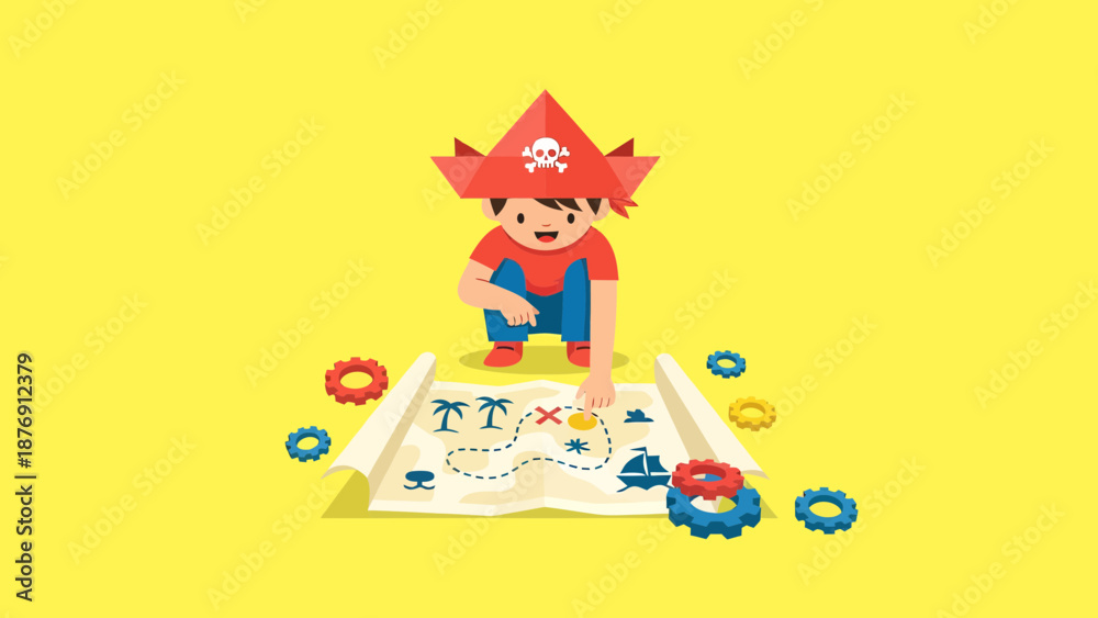 Fototapeta premium Young Adventurer Discovers Treasure Island On Cartoon Map With A Pirate Costume
