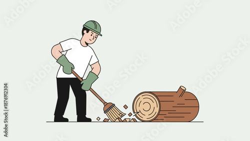 Worker Sweeping Wood Fragments From the Log After Cutting for Manufacturing