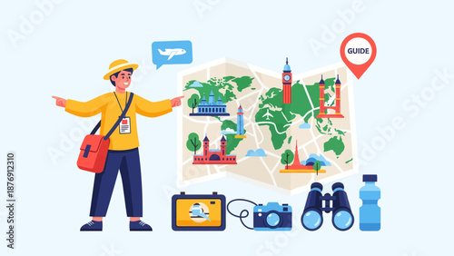 World Tourism Guide Concept Illustrating Famous Landmarks with Traveler Character