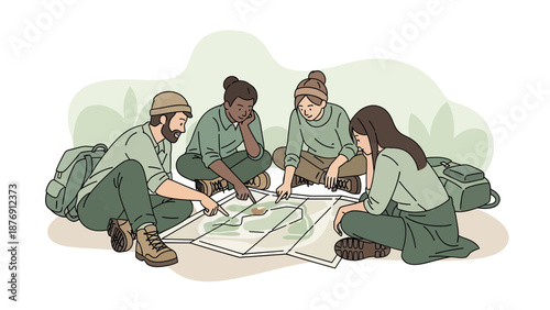 Young Adults Planning Hiking Adventure Trip Together with Topographic Map
