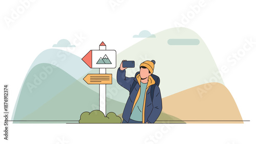 Young Adventurer Capturing Scenic Mountain Views With Mobile Phone Near Signpost