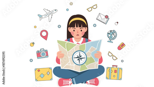 Young Girl Planning Vacation Trip With Map and Travel Accessories Around Her